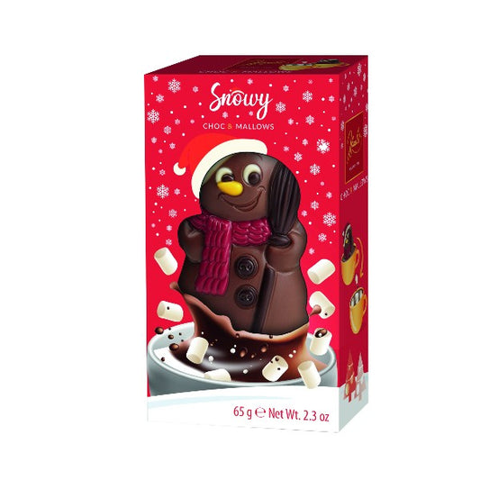 Boîte de Chocolat chaud Noël Bonhomme de neige 55g avec 10g de mini guimauves, coffret gourmand et festif à faire fondre dans du lait chaud.