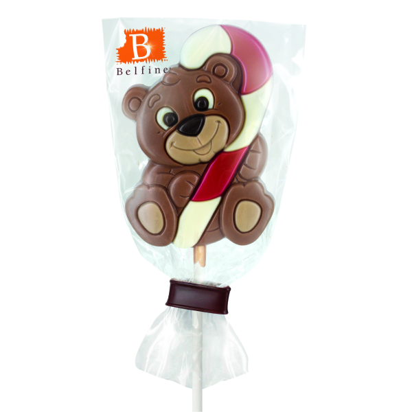 Sucette Lollipops chocolat Ourson Canne 25g présentée en sachet, petit ourson de Noël en chocolat au lait fondant.