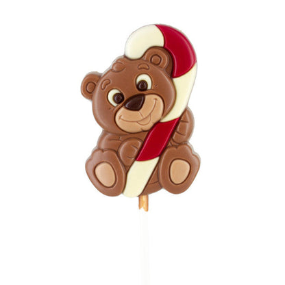 Sucette Lollipops chocolat Ourson Canne en chocolat au lait 25g, ourson Raphaël tenant une canne à sucre festive.
