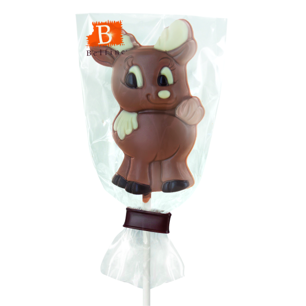 Sucette Lollipops chocolat Élan 25g présentée en sachet, mignonne monture du Père Noël en chocolat au lait fondant.