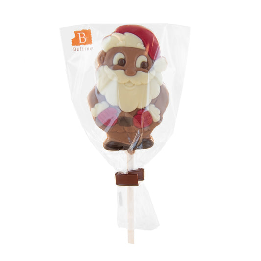 Sucette Lollipops chocolat Père Noël 25g présentée en sachet, gourmandise festive en chocolat au lait pour les fêtes de Noël.