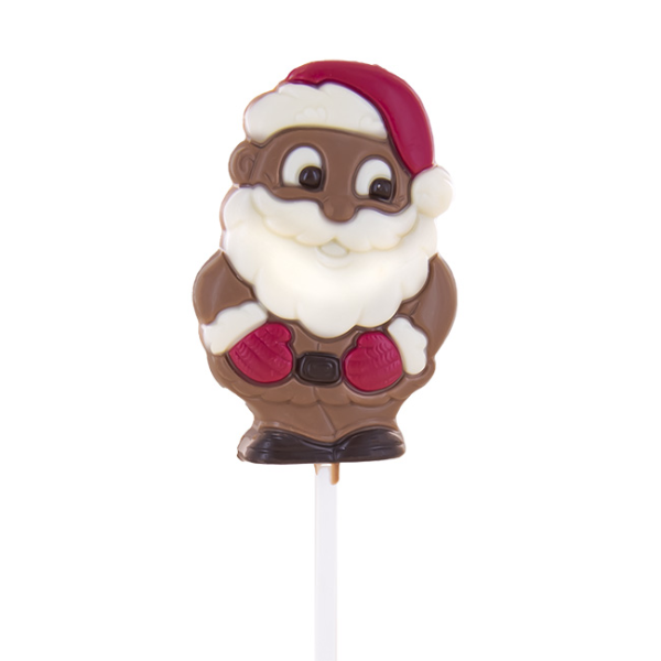 Sucette Lollipops chocolat Père Noël 25g, chocolat au lait fondant représentant Santa Claus coiffé de son bonnet rouge.