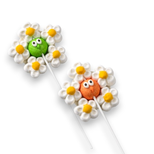 Deux brochettes de guimauve “Fleur de Printemps” vertes et orange – friandises colorées et fondantes, parfaites pour les pauses sucrées.
