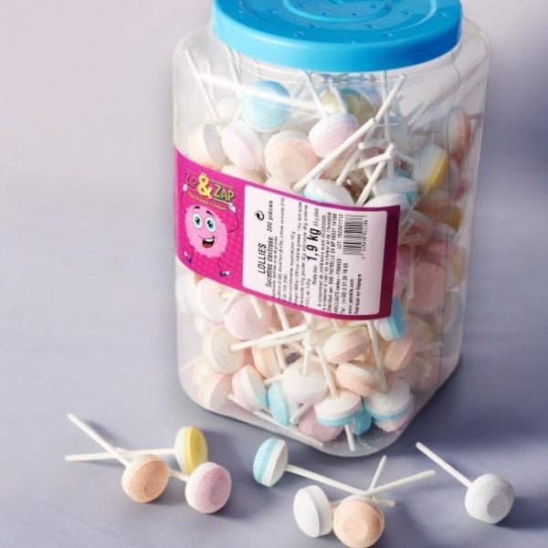 Boîte de 200 Sucettes lollie dextrose bicolores, bonbons fruités en sucre dextrose aux couleurs vives.
