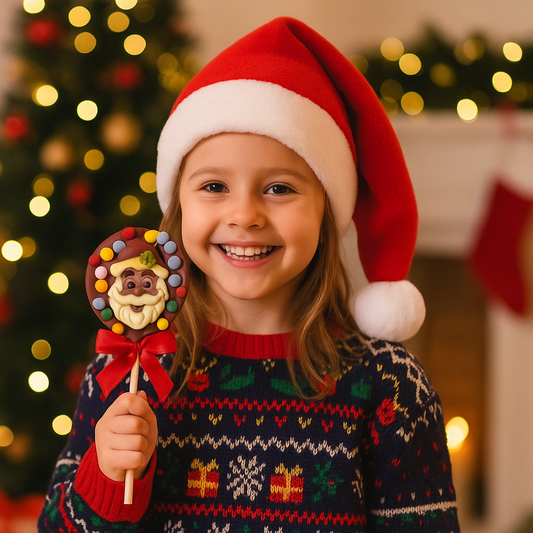 Petite fille portant un bonnet de Noël, souriante dans une ambiance festive, tenant une sucette en chocolat en forme de Père Noël — symbole de la gourmandise et de la magie des fêtes.