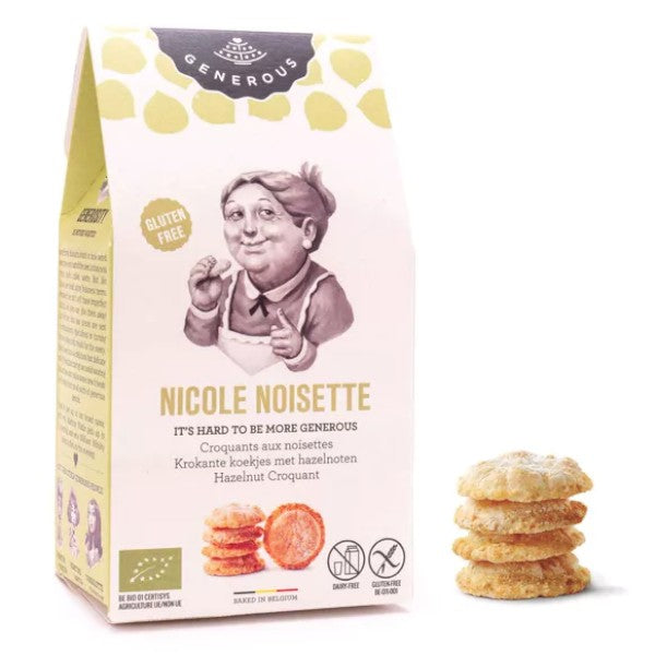 Sachet de biscuits Nicole, croquants aux noisettes bio et sans gluten de 100g, biscuits dorés et croustillants au bon goût de noisette.