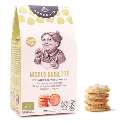 Sachet de biscuits Nicole, croquants aux noisettes bio et sans gluten de 100g, biscuits dorés et croustillants au bon goût de noisette.