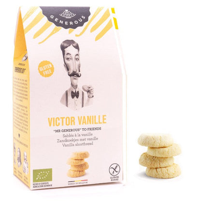 Sachet de biscuits Victor, sablés à la vanille bio et sans gluten de 100g, biscuits dorés au goût délicat de vanille des îles.