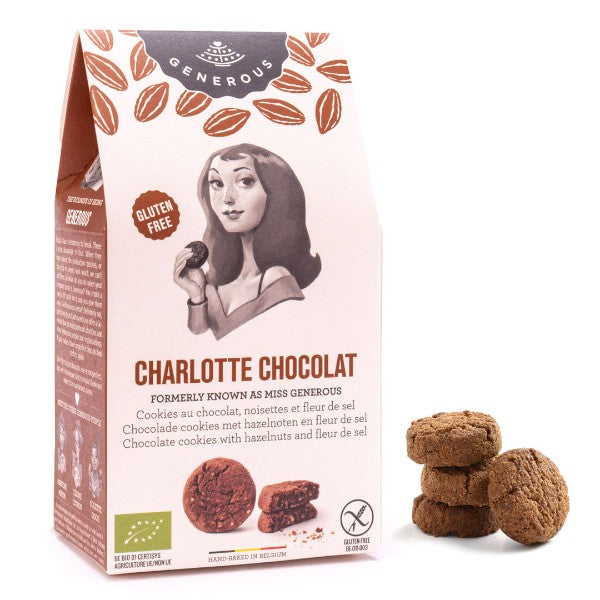 Sachet de biscuits Charlotte, cookies au chocolat, noisettes et fleur de sel bio et sans gluten de 100g, gourmandises fondantes et croquantes.