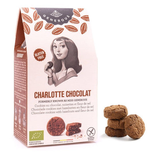 Sachet de biscuits Charlotte, cookies au chocolat, noisettes et fleur de sel bio et sans gluten de 100g, gourmandises fondantes et croquantes.