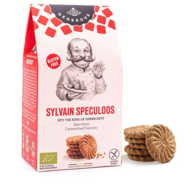 Sachet de biscuits Sylvain, spéculoos traditionnels bio et sans gluten de 100g, biscuits croquants au bon goût d’épices et de caramel.