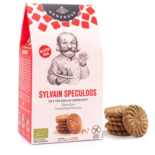 Sachet de biscuits Sylvain, spéculoos traditionnels bio et sans gluten de 100g, biscuits croquants au bon goût d’épices et de caramel.