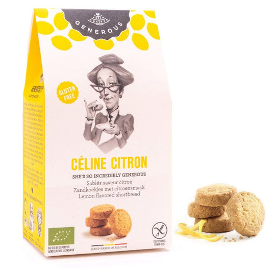 Sachet de biscuits Céline, sablés au jus de citron bio et sans gluten de 100g, biscuits dorés à la saveur fraîche et acidulée.