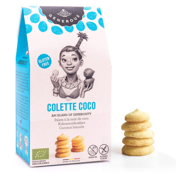 Sachet de biscuits Colette Coco, biscuits à la noix de coco sans gluten de 100g, gourmandises légères et fondantes au goût tropical.