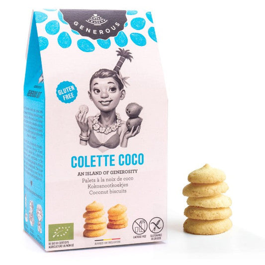 Sachet de biscuits Colette Coco, biscuits à la noix de coco sans gluten de 100g, gourmandises légères et fondantes au goût tropical.