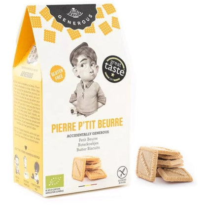 Sachet de biscuits Pierre P’tit Beurre bio et sans gluten de 100g, petits beurres dorés au bon goût de beurre frais.